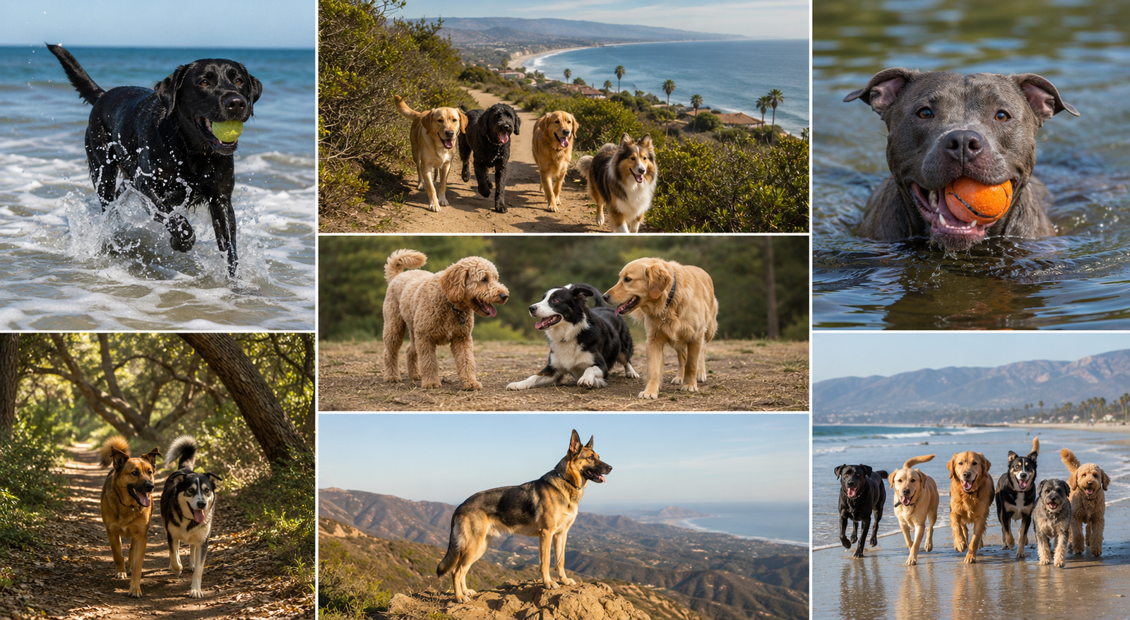 Dogs enjoying beach, trail and outdoor pack adventures in Santa Barbara