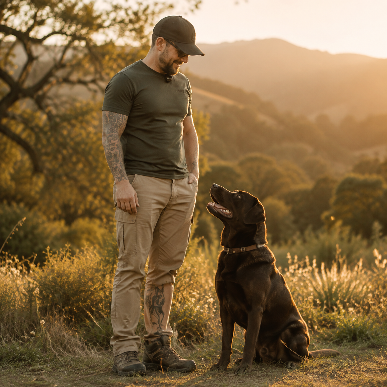 Dog demonstrating reliable obedience with a trainer